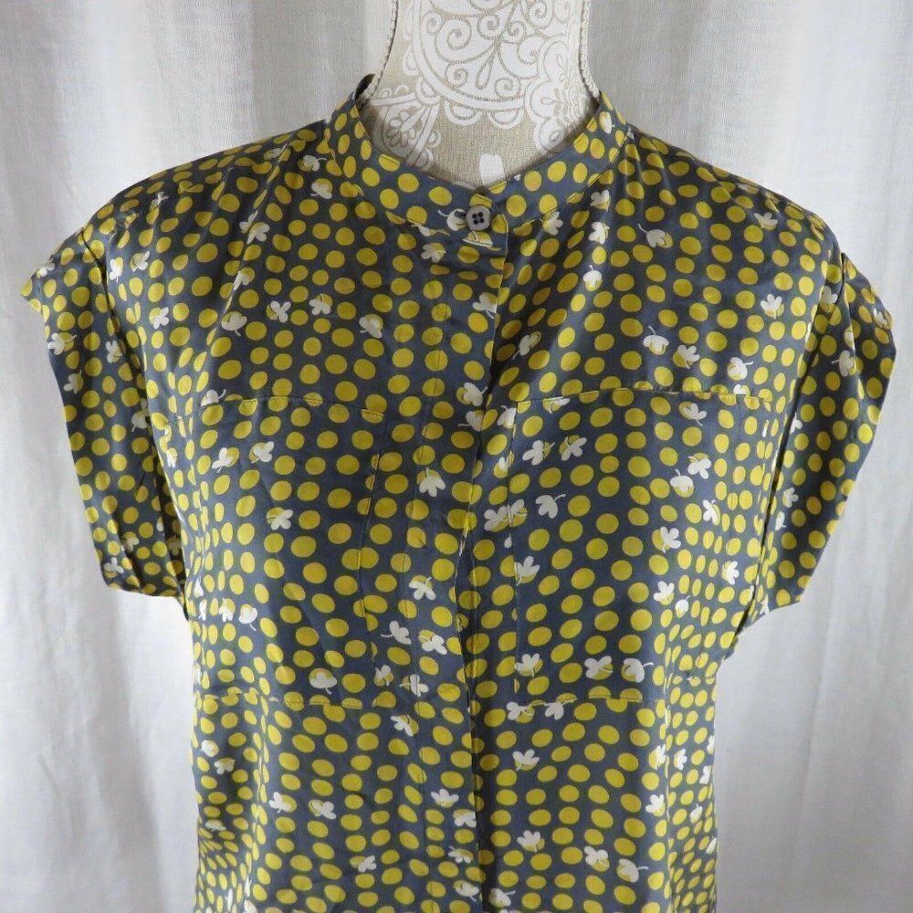 CAbi #183 Womens Silk Blouse Shirt Top XS Clover Polka Dots Gray Yellow White